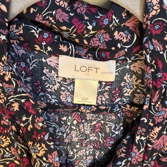 Loft V Neck Tie Front Black Pink Blue Floral Long Sleeve Blouse Flowy XSP Collar - Picture 6 of 8